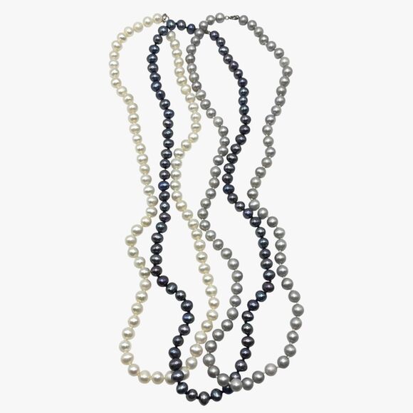Freshwater Pearl Necklaces Lot Knotted Strands Gray Cream Peacock Sterling Clasp - Picture 3 of 9